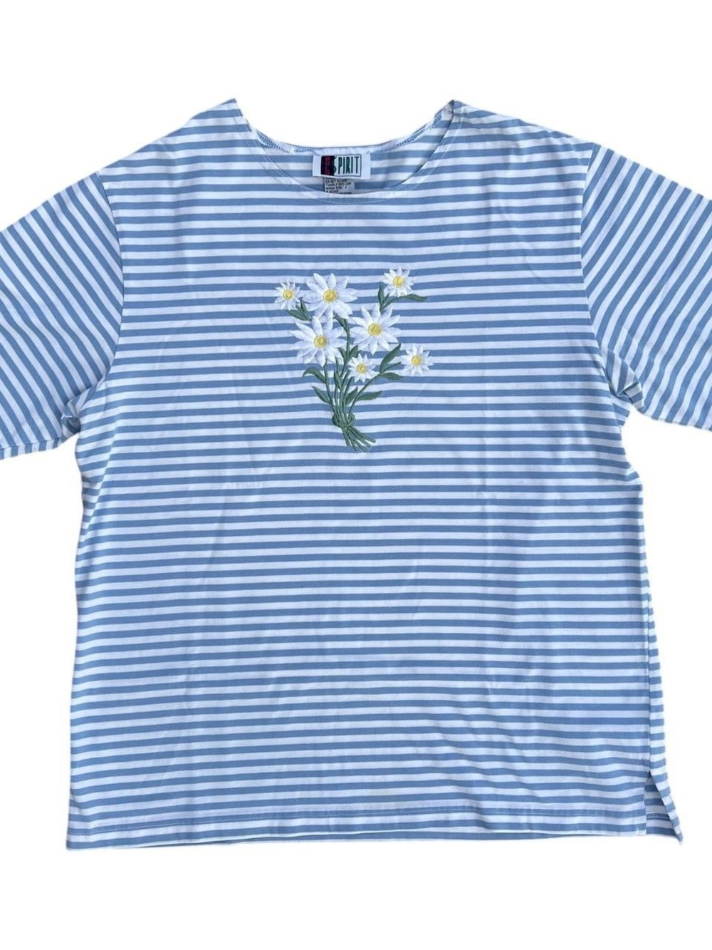 Vintage Blue Striped Tee Daisy Embroidery